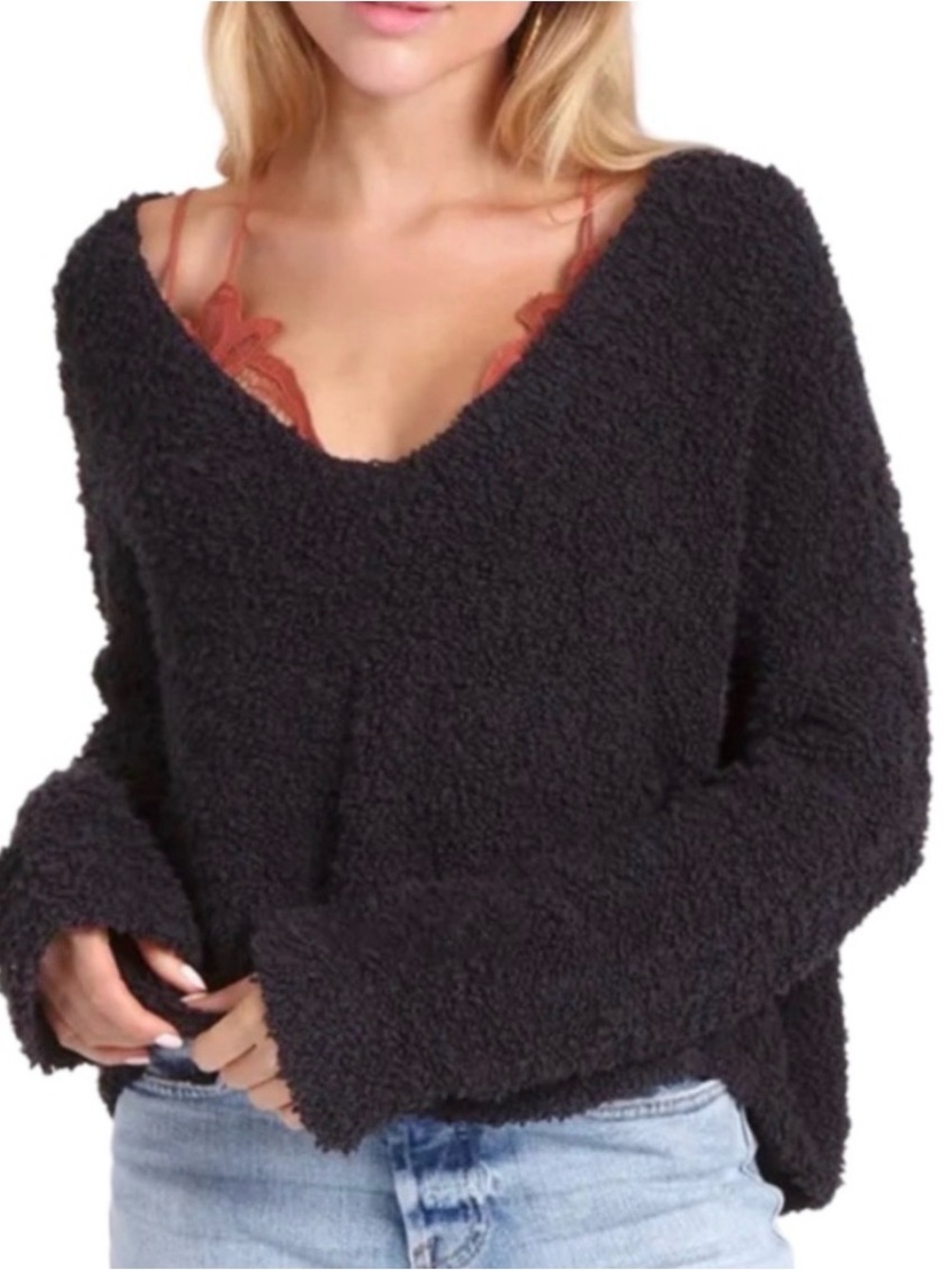 Free People Black Popcorn Knit V-Neck Pullover Sweater M